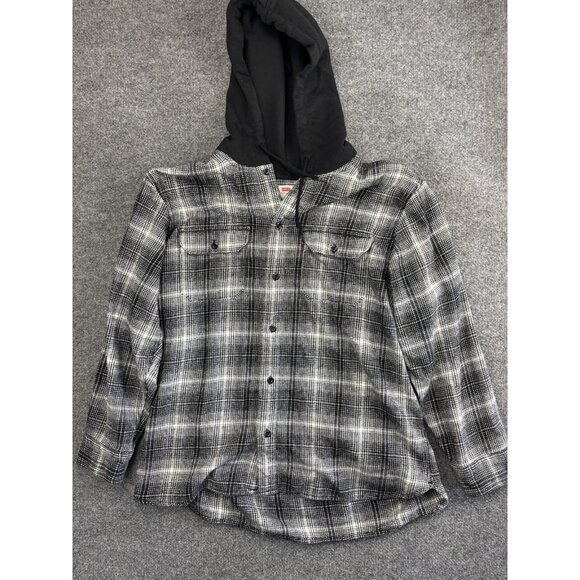 Levi's Shirt Mens XL Black Gray Plaid Hooded Flannel Relaxed Fit Button Front - Picture 1 of 7